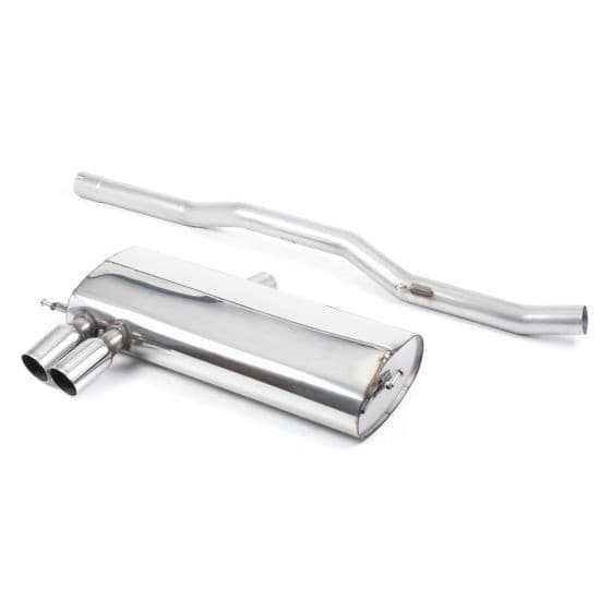 Polished stainless steel cat-back exhaust system featuring a large muffler and two round 76.2mm GT tailpipes, designed for enhanced performance and sound.