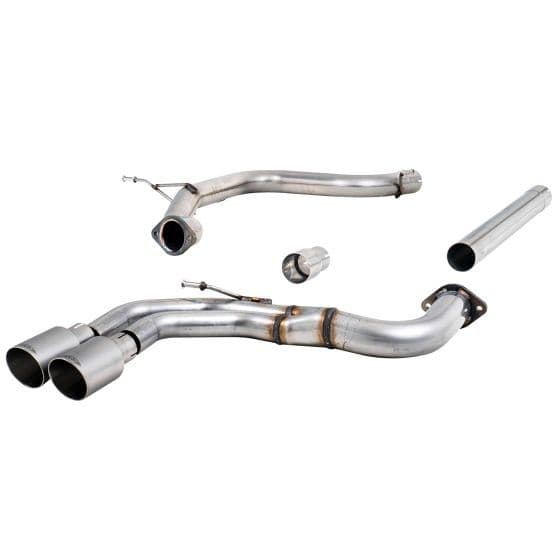 Milltek Non-Resonated 2.75" Cat Back Exhaust System featuring two 80mm round brushed titanium tailpipes, stainless steel construction, and a sleek, polished finish.