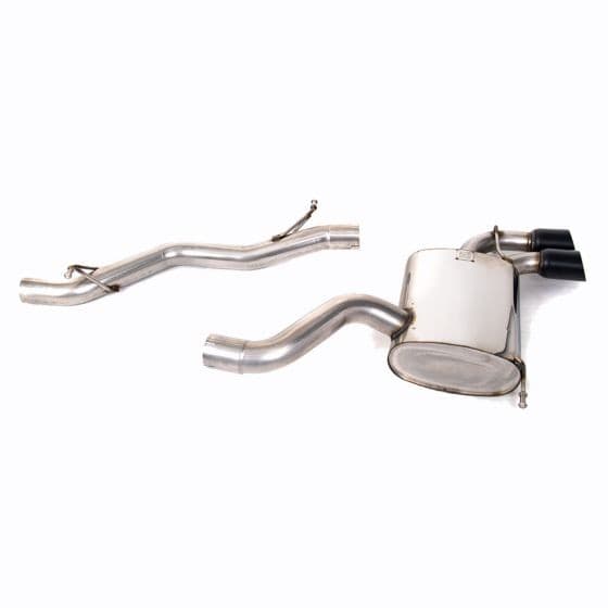 Milltek Non-Resonated 2.75" Cat Back Exhaust System featuring polished stainless steel pipes and 2x 80mm round GT Cerakote black tailpipes.