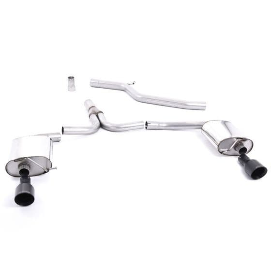 Milltek Non-Resonated 2.76" Cat Back Exhaust System featuring dual polished stainless steel mufflers and 2x 100mm round GT Cerakote black tailpipes.