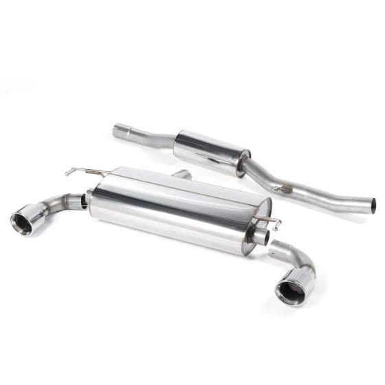 Polished stainless steel exhaust system featuring a resonated design, 2.5-inch diameter, and two 100mm round jet polished tailpipes for enhanced performance.