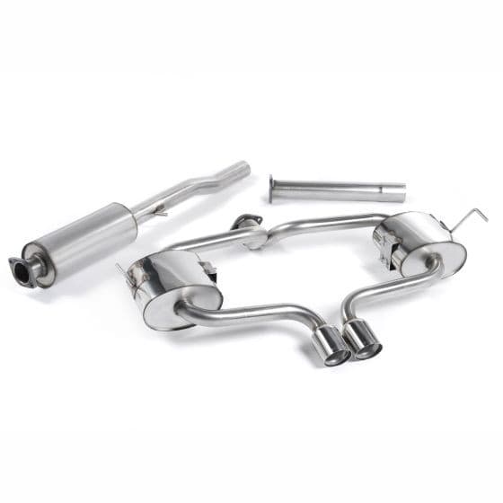 Milltek Resonated 2.5" Cat Back Exhaust System featuring polished stainless steel construction, dual 76.2mm round GT tailpipes, and a sleek, high-performance design.
