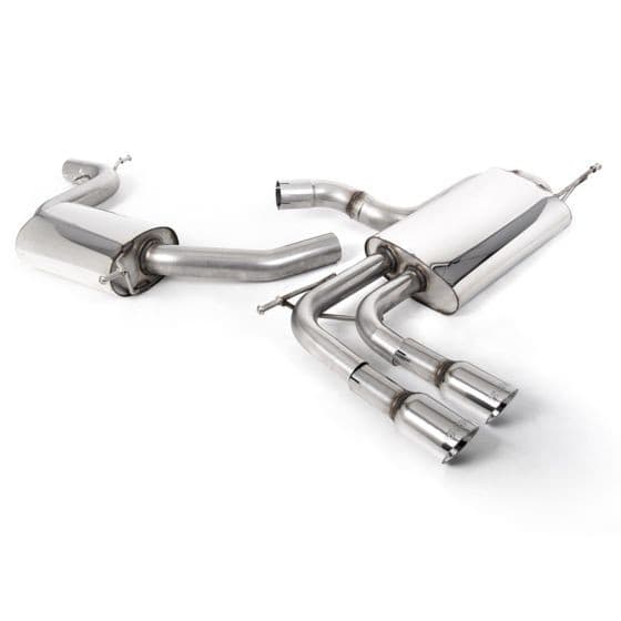 Polished stainless steel exhaust system featuring a resonated design with dual 80mm round GT tailpipes, showcasing sleek curves and high-quality craftsmanship.