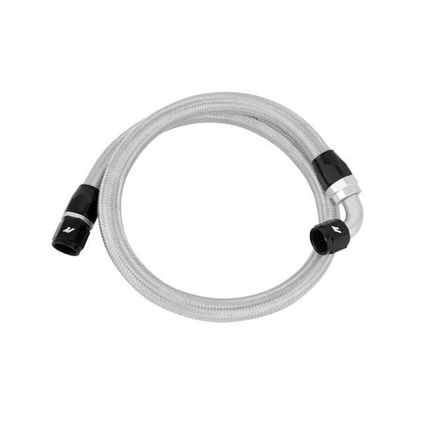 Sport spring in silver with a braided design, featuring black ends and a curved connector, designed for 1989-1999 Geo Tracker 2WD & 4WD by Mishimoto.