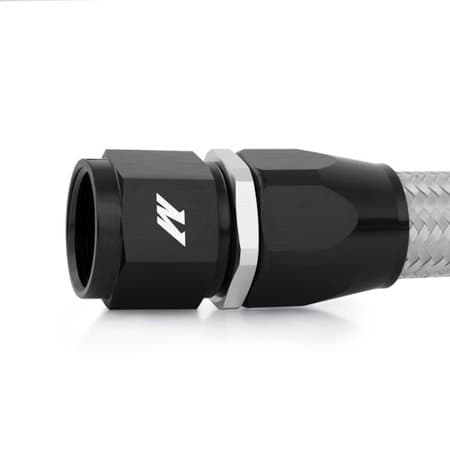 6ft stainless steel braided hose with -10AN fittings, featuring a sleek silver braid and a black anodized aluminum fitting with a white Mishimoto logo.