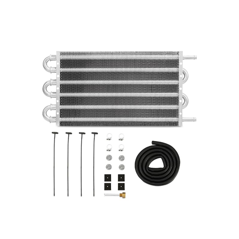 Universal Transmission Fluid Cooler by Mishimoto, featuring a sleek aluminum design, measuring 12 x 7.5 x 0.75 inches, with multiple inlet/outlet ports and included installation hardware.