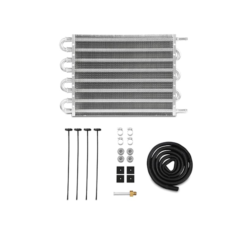 Mishimoto universal transmission fluid cooler features a silver aluminum core with multiple rows, four inlet/outlet pipes, and includes mounting hardware and hoses.