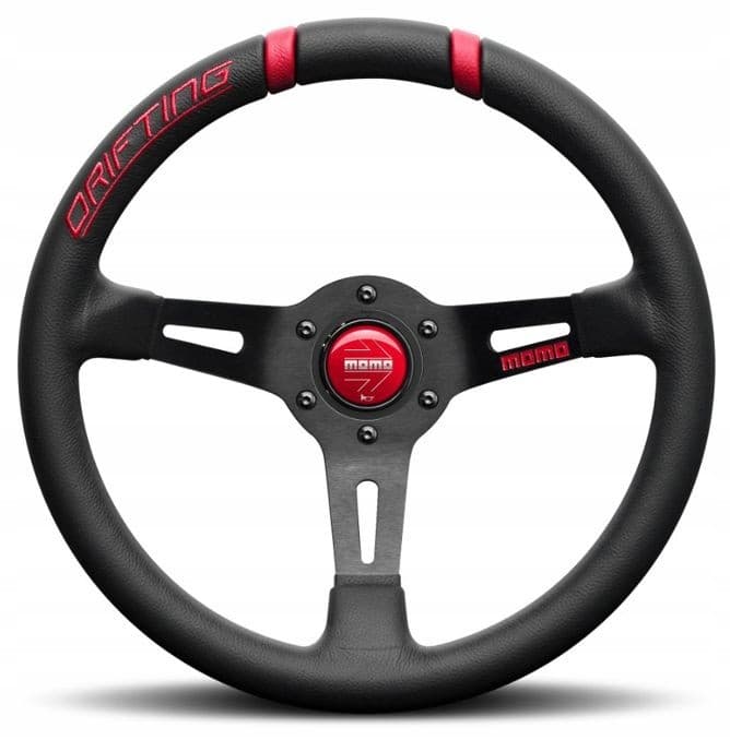 Black leather steering wheel with red stitching and "DRIFTING" text, featuring a polished metal center with a red Momo logo and three sporty spokes.
