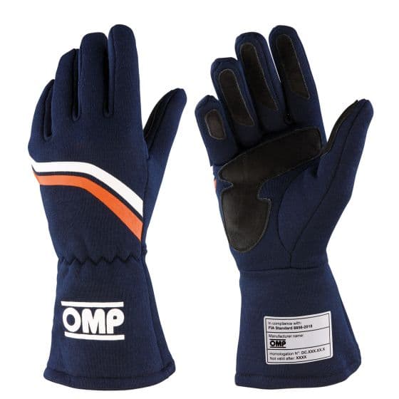 Navy blue OMP Dijon race gloves in size XL feature a sleek design with orange and white stripes, made from durable material with reinforced palms for grip.