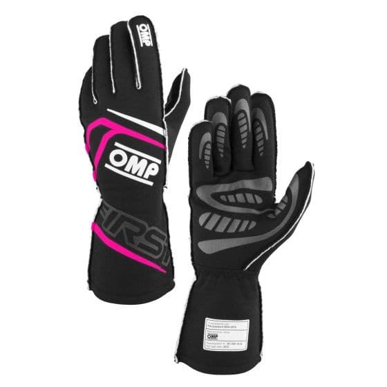 Black and fuchsia OMP First Race Gloves in size XS, featuring a sleek design, reinforced grip, and padded palms for enhanced protection and comfort.