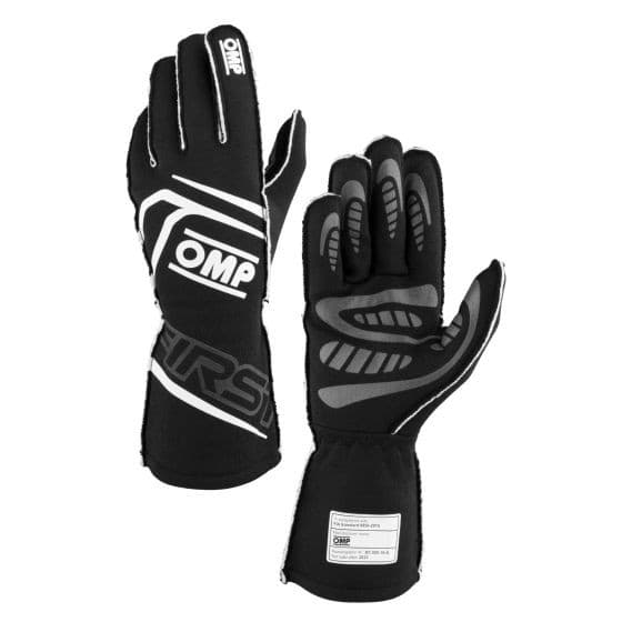 Black OMP First Race Gloves in size XL, featuring a sleek design with white accents, reinforced grip areas, and a comfortable fit for racing enthusiasts.