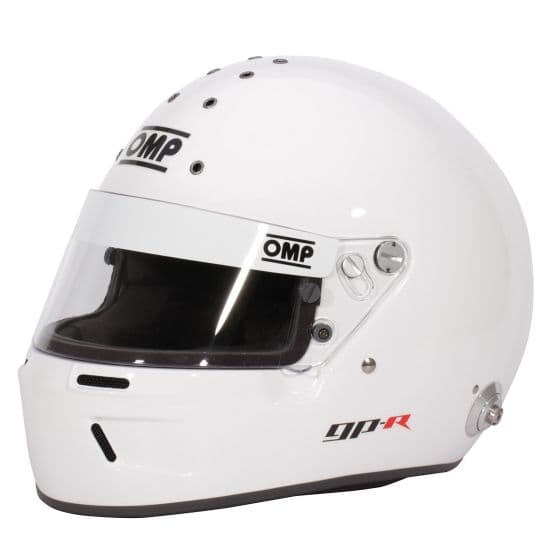White OMP GP-R racing helmet in size XS, featuring a clear visor, ventilation holes, and a sleek aerodynamic design with black and silver branding.
