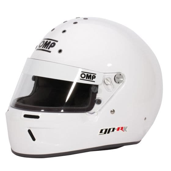 White OMP GP-R K kart helmet in size XS, featuring a clear visor, ventilation holes, and a sleek aerodynamic design with prominent OMP branding.