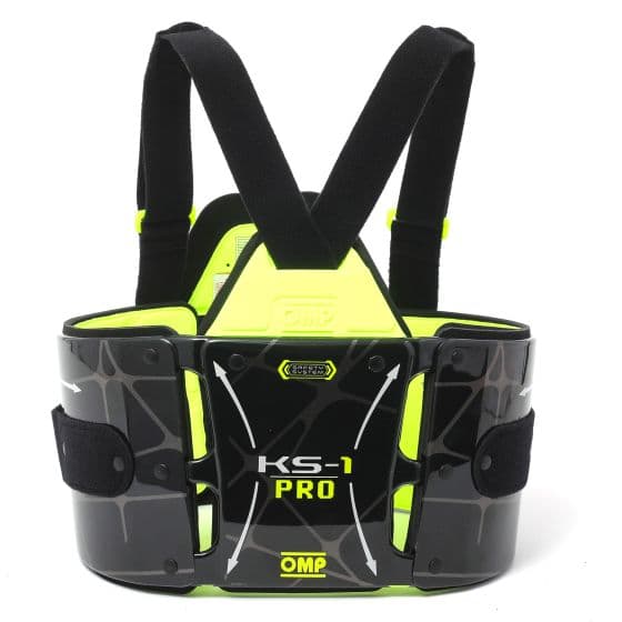 Black and neon yellow rib protector with adjustable straps, featuring a sleek design and protective padding, labeled "KS-1 PRO" by OMP, size large.