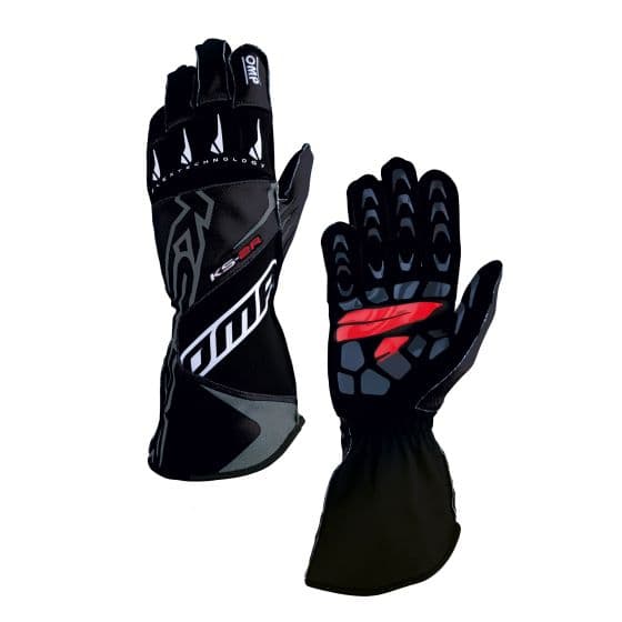 Black kart gloves with red and white accents, featuring a textured grip on the palms and a sleek, aerodynamic design, made from durable materials for optimal performance.