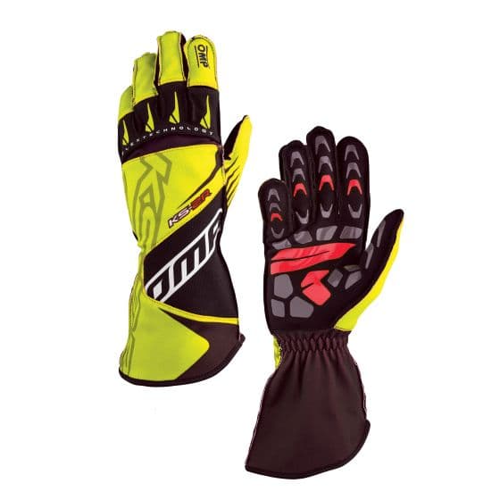 Fluro yellow and black kart gloves featuring a sleek design, reinforced grip, and flexible material, ideal for racing and karting enthusiasts.
