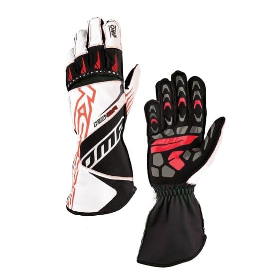 White and black kart gloves featuring red accents, a textured grip on the palm, and a sleek design, made from durable materials for enhanced performance.