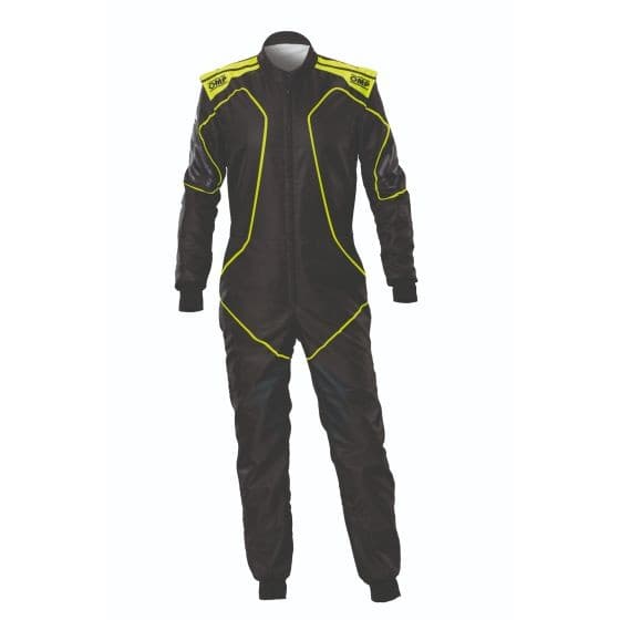 Black kart suit with fluro yellow accents, featuring a zip front, long sleeves, and a fitted design, made from lightweight material, size 160cm.