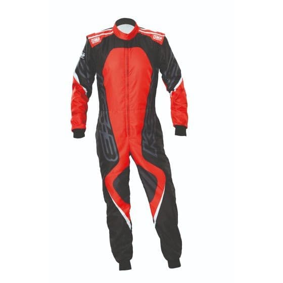 Black and red OMP KS-3X Art Kart Suit, featuring a sleek design with contrasting panels, made from lightweight material, available in size 130cm.