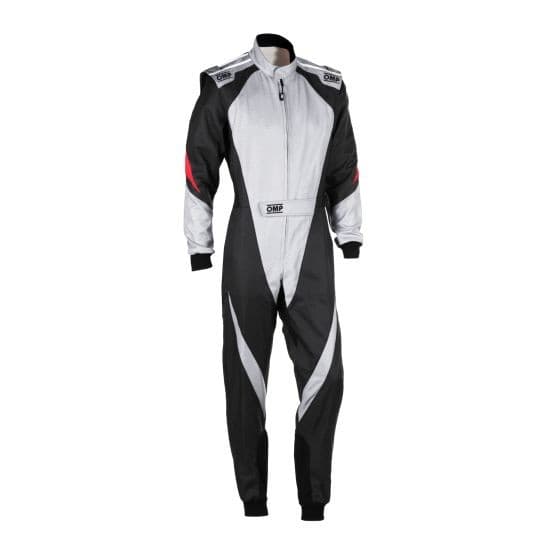 Black kart suit with silver and red accents, featuring a zip front, OMP branding, and a fitted design, suitable for karting, size 160cm.