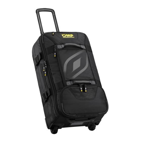 Black medium trolley bag by OMP featuring durable material, a large main compartment, front mesh pocket, and a retractable handle with wheels for easy transport.