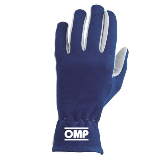 Blue rally gloves made of a soft, stretchy material, featuring a gray palm and an OMP logo on the wrist, designed for optimal grip and comfort in motorsports.