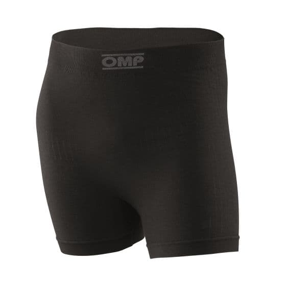 Black fire retardant boxer shorts by OMP, featuring a snug fit, elastic waistband with OMP logo, and made from durable, breathable material, size M.