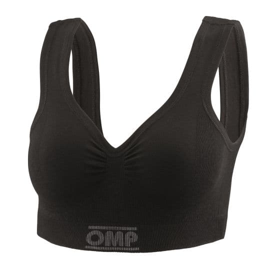 Black fire retardant women's bra by OMP, featuring a scoop neckline, wide straps, and gathered detailing at the front, designed for comfort and safety in size XS.