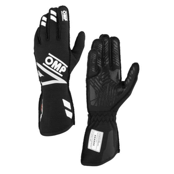 Black OMP One Evo FX race gloves in size XS, featuring a textured grip, reinforced palms, and white branding accents for enhanced performance and style.