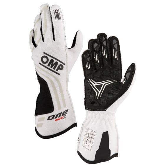 White OMP One Evo X race gloves in size S, featuring a textured black palm for grip, breathable fabric, and reinforced stitching for durability.