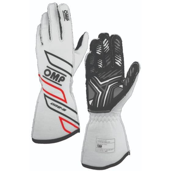White OMP One S race gloves in size L feature a sleek design with black accents, reinforced grip areas, and a long cuff for enhanced protection and comfort during racing.