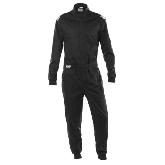 Black OMP OS10 single layer race suit in size XXL, featuring a high collar, long sleeves, elastic cuffs, and a fitted waist for a streamlined racing fit.