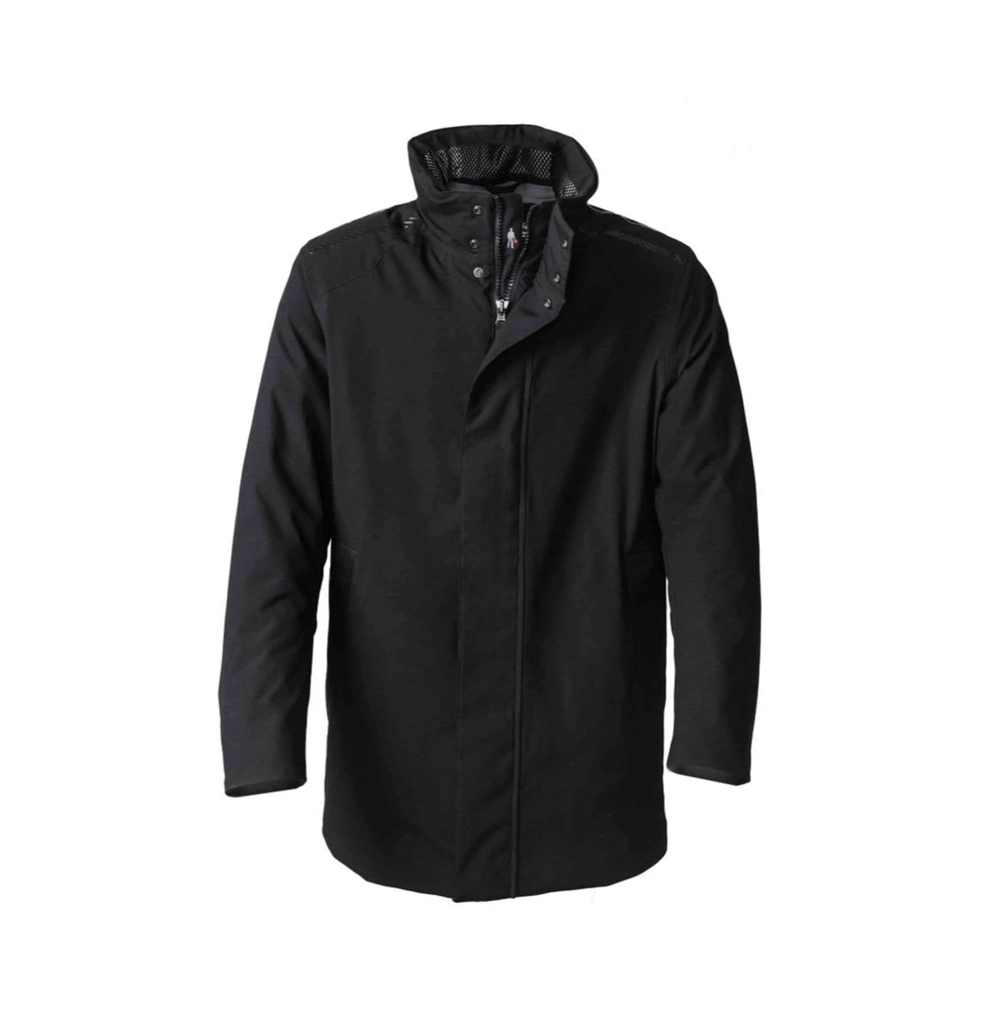 Black OMP Racing Spirit 2L Jacket featuring a sleek design, high collar, snap button closure, and a lightweight, water-resistant material, ideal for motorsport enthusiasts.