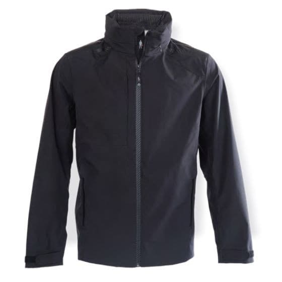 Black OMP Racing Spirit 3L Jacket featuring a zip front, high collar, and lightweight, water-resistant material, designed for motorsport enthusiasts.