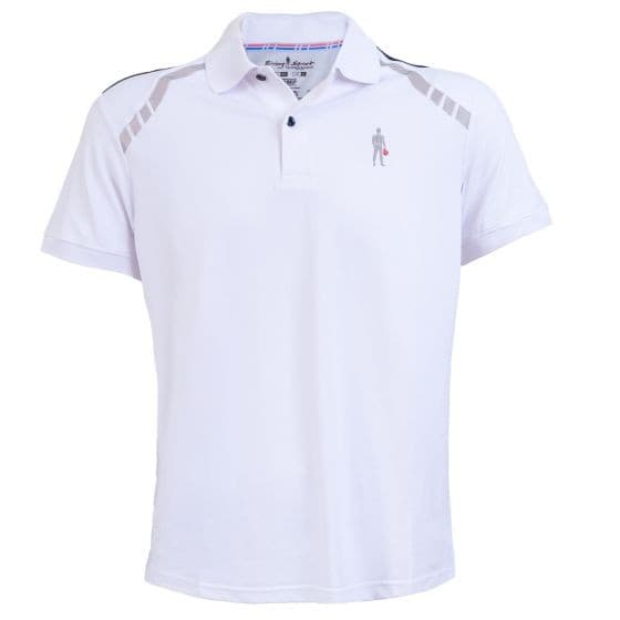 White polo t-shirt featuring a classic collar, short sleeves, and grey shoulder accents, made from breathable material with a subtle racing figure logo on the chest.