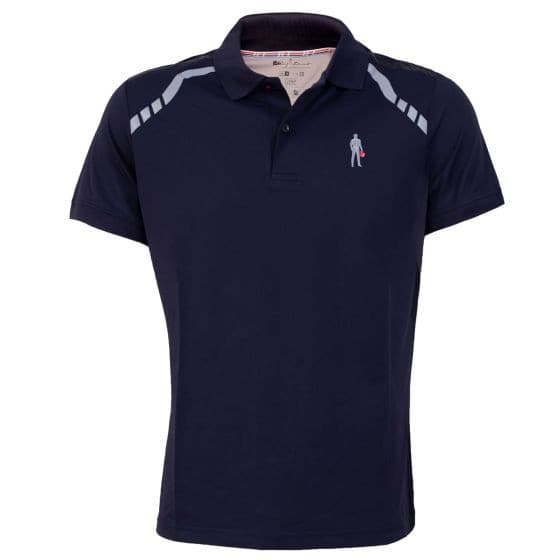 Navy blue polo t-shirt in XXL size, made from breathable material, featuring a subtle logo and contrasting gray shoulder stripes for a sporty look.