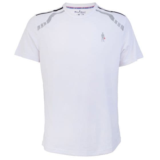 White OMP Racing Spirit ADV Tecno Pique T-Shirt, featuring grey shoulder stripes and a small graphic of a figure holding a flag on the chest, made from breathable material.