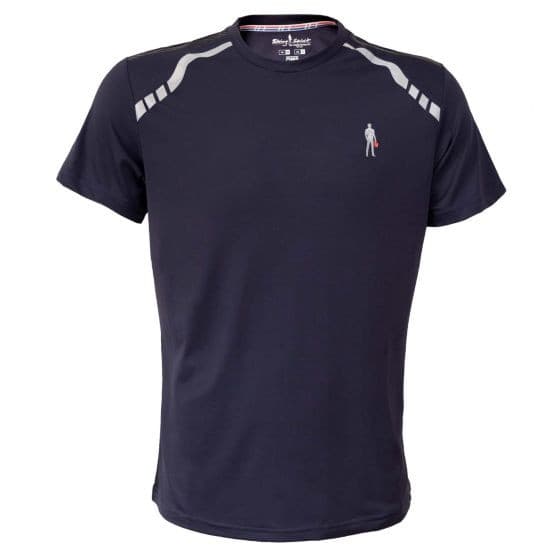 Navy blue OMP Racing Spirit ADV Tecno Pique T-Shirt in size S, featuring a lightweight material, short sleeves, and subtle reflective detailing on the shoulders.