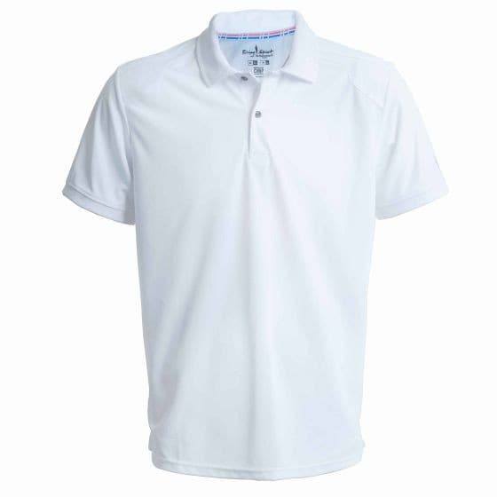 White polo t-shirt made of breathable material, featuring a classic collar, short sleeves, and subtle stitching details, ideal for racing enthusiasts.