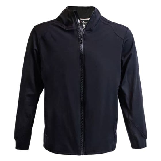 Black OMP Racing Spirit Tech Fleece jacket in size L, featuring a full zip front, high collar, and long sleeves, made from a soft, stretchy material for comfort and performance.