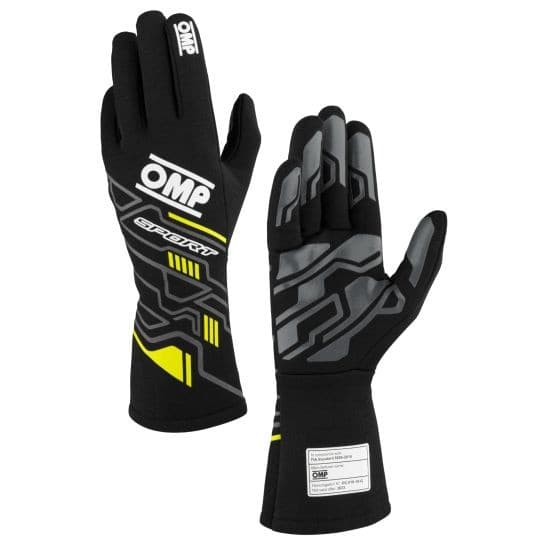 Black and fluro yellow OMP Sport Race Gloves in size XL, featuring a sleek design with textured grip and reinforced areas for enhanced performance and durability.