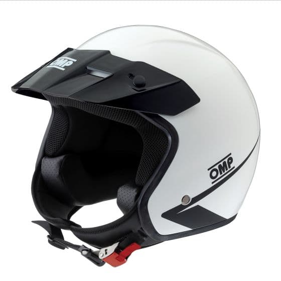 White OMP Star Helmet in size S with a glossy finish, black visor, and adjustable chin strap, featuring a sleek design and ventilation openings for comfort.