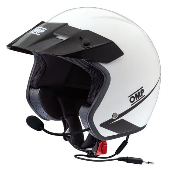 White OMP Star J Intercom Helmet in size M features a sleek design with a black visor, padded interior, and a built-in microphone and audio jack for communication.