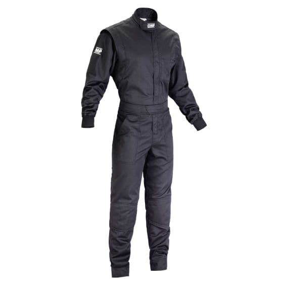 Black children's overalls by OMP, size 130cm, featuring a zip front, long sleeves, and elastic cuffs, designed for summer use.
