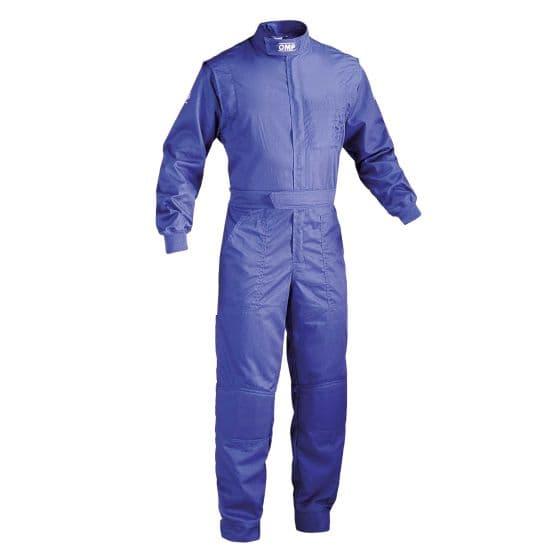 Blue OMP summer child's overalls in size 150cm, featuring a zip front, long sleeves, elastic waist, and durable fabric suitable for warm weather.