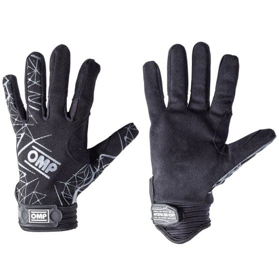 Black OMP Workshop EVO Mechanics Gloves in size XXL, featuring a textured grip, elastic wrist closure, and geometric pattern on the back for enhanced durability and comfort.