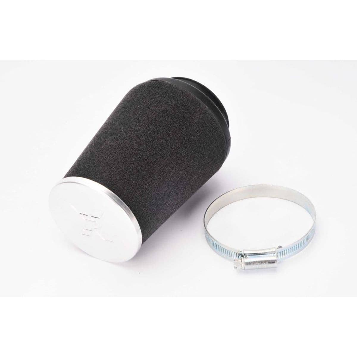 Pipercross universal air filter with a flat top, featuring a black rubber neck, aluminum alloy cap, and a metal hose clamp for secure attachment.