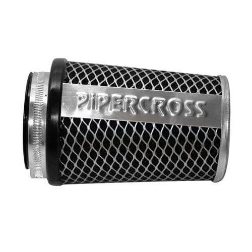 Black rubber air filter with a flat top, featuring a silver mesh design and the "Pipercross" logo prominently displayed on the side, designed for a 65 mm neck.