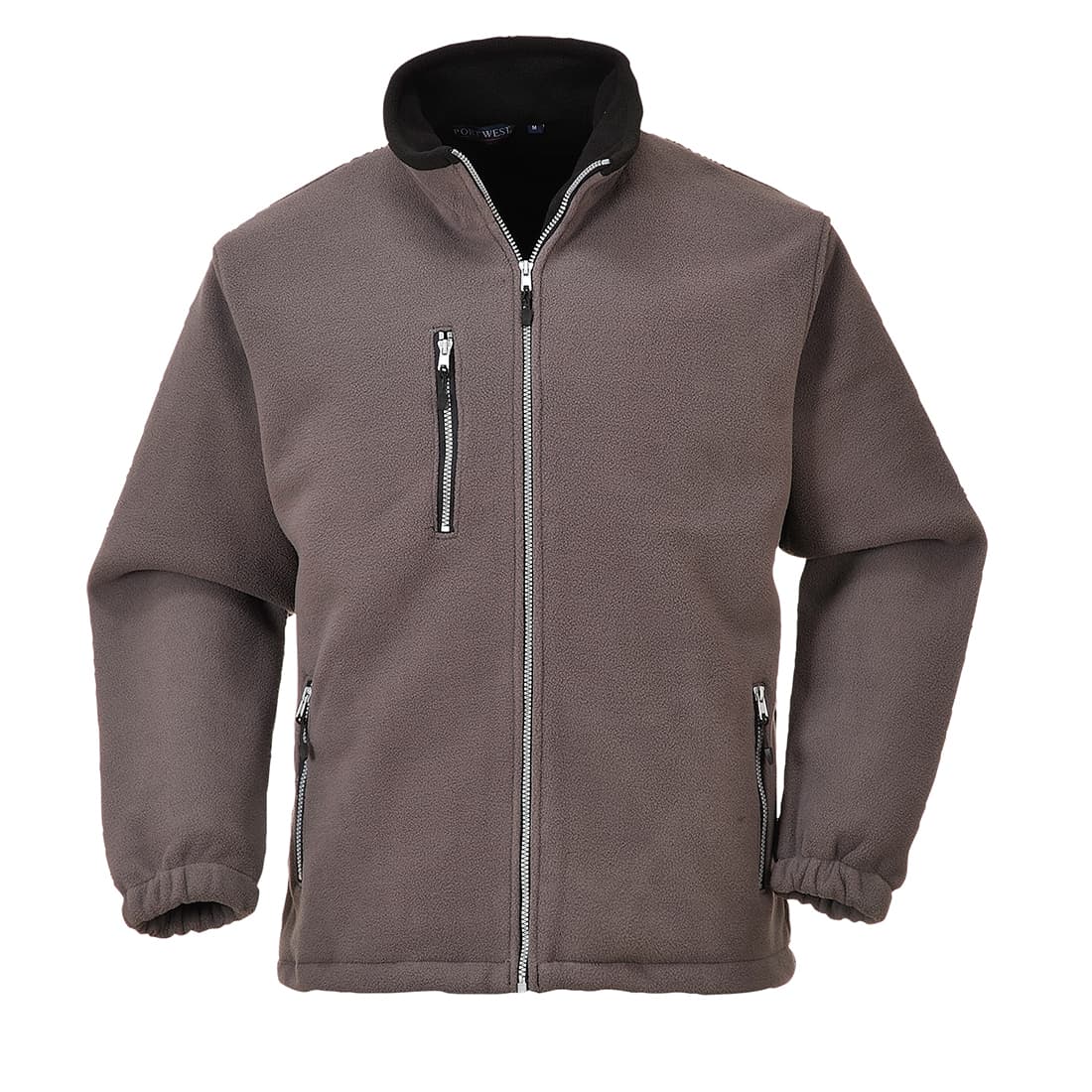 Grey fleece jacket with a black collar, featuring a full front zipper, two zippered chest pockets, and elastic cuffs for a snug fit.
