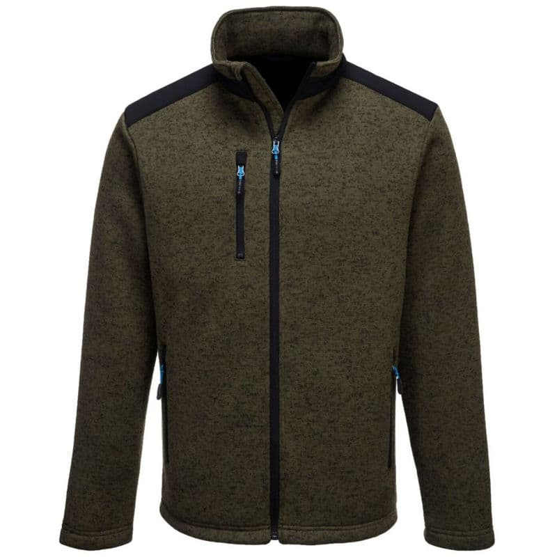 Olive green Portwest KX3 Performance Fleece jacket, featuring a high collar, zippered chest pocket, and contrasting black shoulder panels.